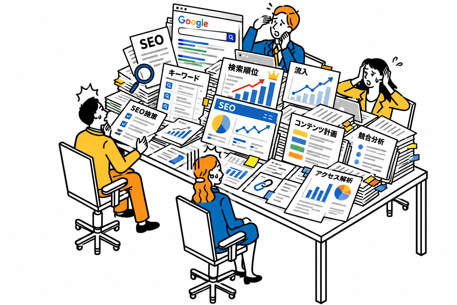 SEO分析に追われる会議室のイラスト